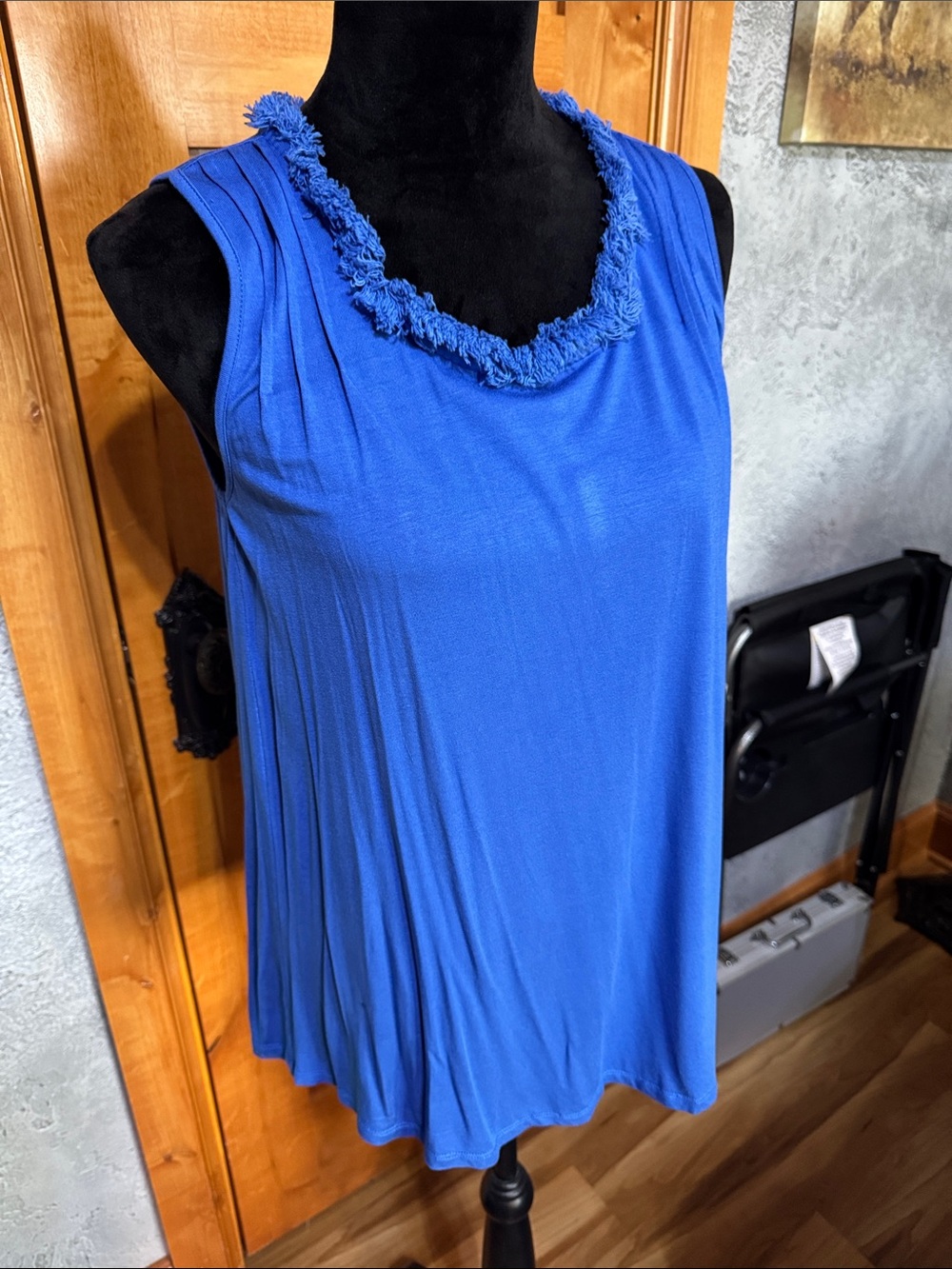 Soft Surroundings Blue Sleeveless Fringe-Trim Tank Top
